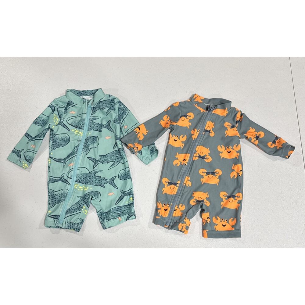 Carters 3 Months Swimsuit One Piece Baby Rashguard Shark & Crabs Print Lot of 2